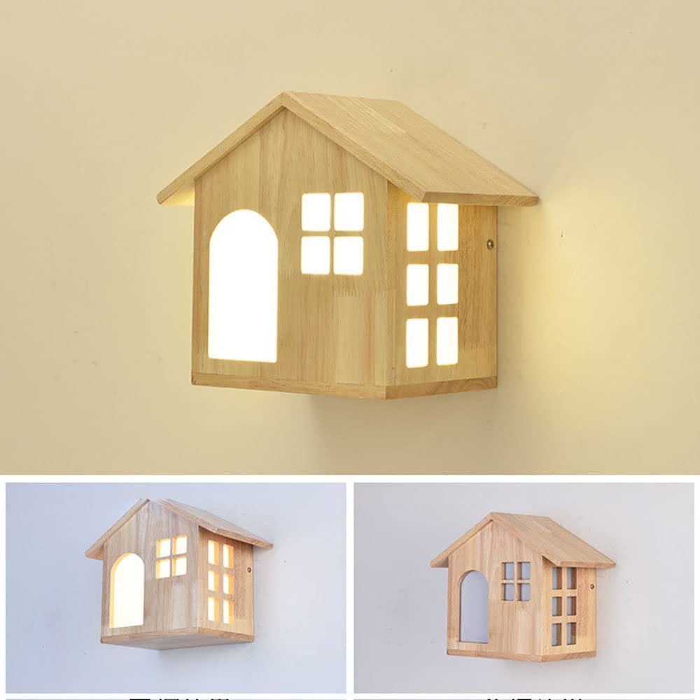 Aplique de pared de madera para habitación de niños Lámpara de pared LED con forma de casa Lámpara de montaje en pared, 12W Accesorio de iluminación para cabecera infantil, Luz de noche para guardería