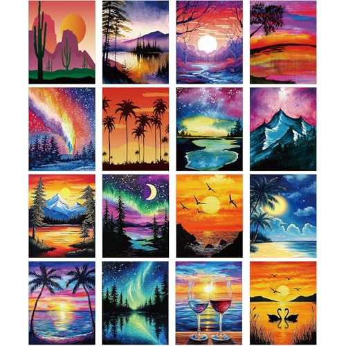 AmazingSpark 16 Pcs Pre Drawn Canvas to Paint Sunset Landscape Pre Drawn Canvas for Adults Stretched Printed Canva Bulk 8 x 10 Sip and Paint Kit for Artist DIY Art Christmas Party Adult Date Night