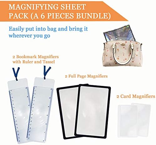 MagDepo 2 Flat Sheet Full Page Magnifying Reading Magnifier Bonus 2 Bookmark Magnifier and 2 Card Magnifier for Elderly Reading Book Magazine Low Vision Aids
