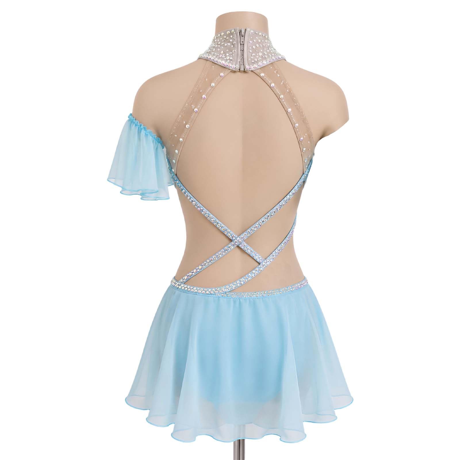 Strój do Tańca Lirycznego Damski Halter Cutout z Szyfonem na Scenę | Strój do Tańca Nowoczesnego, Elastyczny Spandex z Siatką Szyfonem i Kryształkami, Odkryte Plecy z Paskami Live