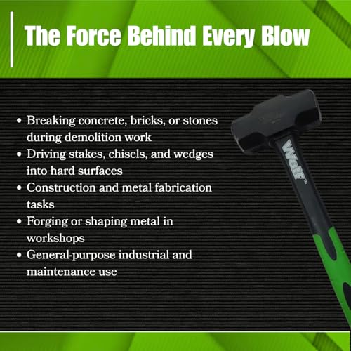 Image of WULF 3 lb Heavy Duty Sledge Hammer | Drop-Forged Steel Head with Shockproof Fiberglass Handle | Anti-Slip Grip for Demolition, Construction & Metalwork | Durable Professional Hand Tool