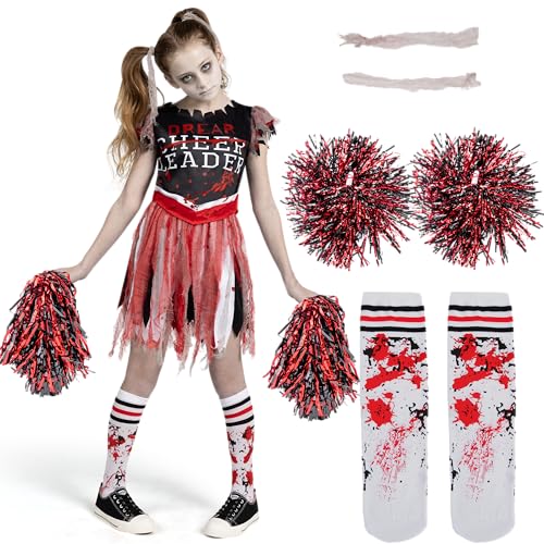 Spooktacular Creations Zombie Halloween Cheerleader Costume, Girls Scary Cheerless Costume, Kids Dead Cheerleading Outfit for Halloween Role Play Themed Parties, Red Black, L by Spooktacular Creations - Used condition - US$9.32