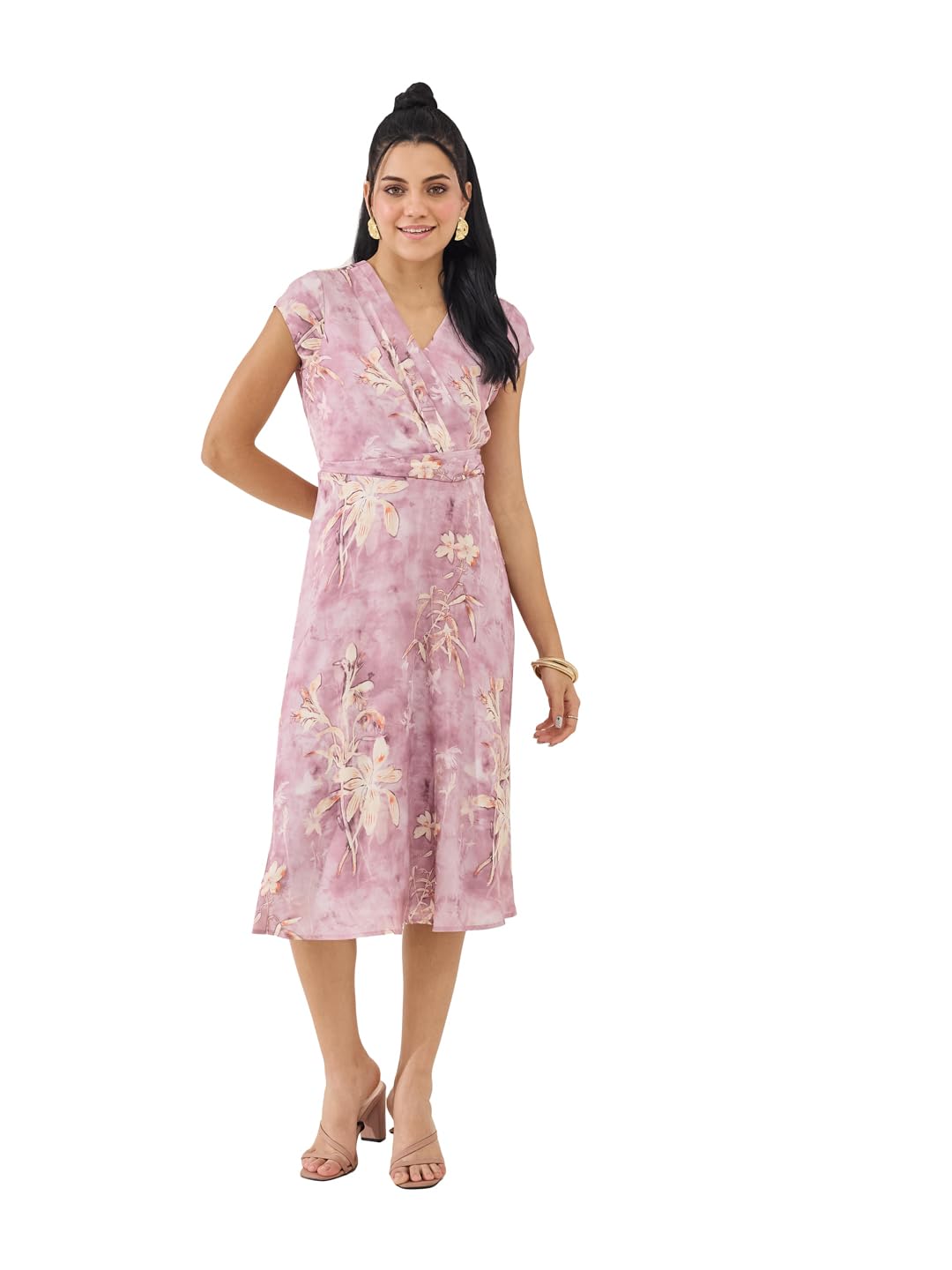 Latin Quarters Women's Pink Printed Cap Sleeve V-Neck Casual A-Line Dress-picture-14