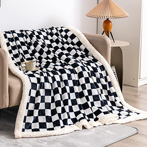Lomao Sherpa Throw Blanket Fleece Blanket With Checkered Pattern Soft Thick Blanket For Couch, Bed, Sofa Luxurious Warm And Cozy For All Seasons (Black, 51"X63") #TOP1