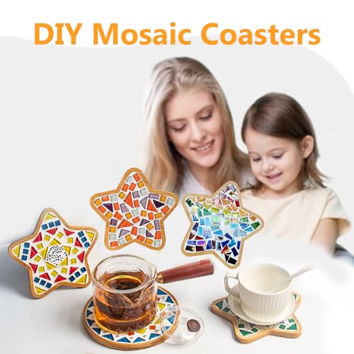 FKYzixeh Mosaic Bamboo Coasters, DIY Base Trays, Blank Coaster for DIY Crafts (4 Pcs Star Shape)