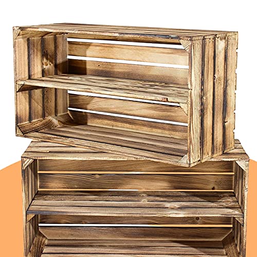 2 große geflammte Holzkisten mit Mittelbrett für Schuh und Bücher - flambierte Obstkiste mit Ablage - Schuhregal Bücherregal Obstkistenregal Regal Regalkiste 68x40x30cm Cover