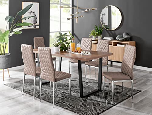 Furniturebox UK Dining Set - Kylo 160cm Large Brown Wood Effect 6 Seater Dining Table with Industrial Black Legs & 6 Cappuccino Faux Leather and Chrome Leg Milan Dining Chairs