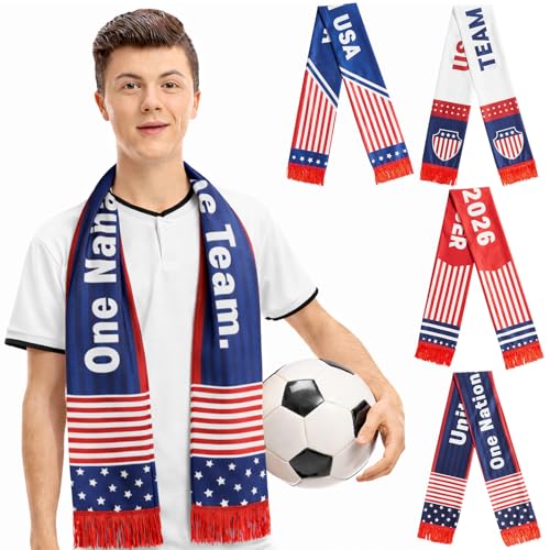 4PCS 2026 USA Soccer Fan Scarves Soccer Fan Game Day Wear U.S. Men's Team Match Up Scarf Double-Sided USA National Football Fans Scarf for World Game Day Gifts Sport Football Party Supplies 55" x 5.9"