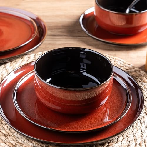 Image of LERATIO Ceramic Dinnerware Sets for 8,Plates and Bowls Sets,Handmade Reactive Glaze Dishes Set,Highly Chip and Crack Resistant | Dishwasher & Microwave & Oven Safe Dishes set,Service for 8-Red(24pc)