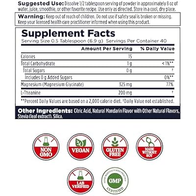 KAL Mood Magnesium Powder with L-Theanine - Mandarin Flavor Magnesium Supplement - Relaxation Support, High Absorption, No Added Sugar, Vegan, Gluten Free, Made Without Soy - 40 Servings, 9.8 oz