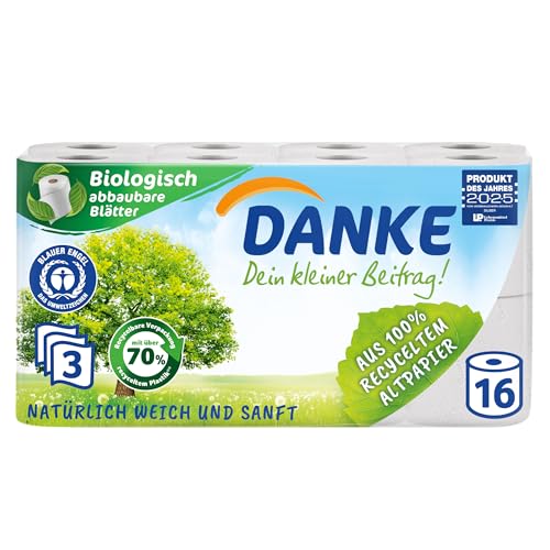 Danke Toilettenpapier 3-lagig Riesenpackung, 1 Packungen (je 16 Rollen x 150 Blatt)