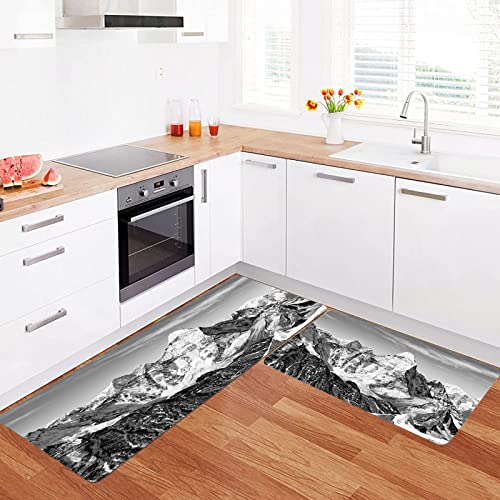 URSOPET Lot de 2 Tapis de Cuisine antidérapants,Vue en Noir et Blanc, Vue spectaculaire, Montagnes, Himalaya,Résistant à la poussière Tapis de Cuisine,Tapis de Sol pour l'intérieur