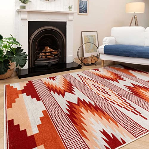 Designer Tribal Striped Terracotta Orange Lounge Living Room Area Rug Cream Easy Clean Bedroom Carpet Utility Hallway Kitchen Rugs 120cm x 170cm