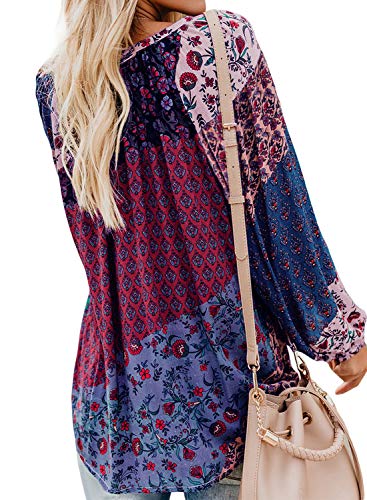 Eytino Women Long Sleeve V Neck Printed Shirts Casual Loose Drawstring Blouse Tops,Large Purple