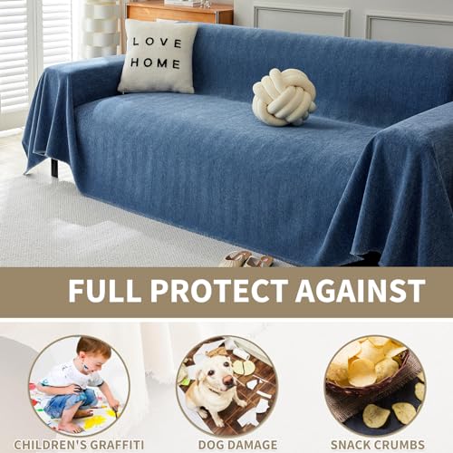 Housse de canapé en chenille avec glands décoratifs bleu uni 230cm