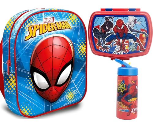 MARUKATSU Spiderman Set Mochila Infantil, Sandwichera infantil y Botella escolar   Pack Diseño Colorido | Mochila Escolar 31x25x11cm Niño Niña de 3 a 8 Años | Material Escolar Vuelta al Cole