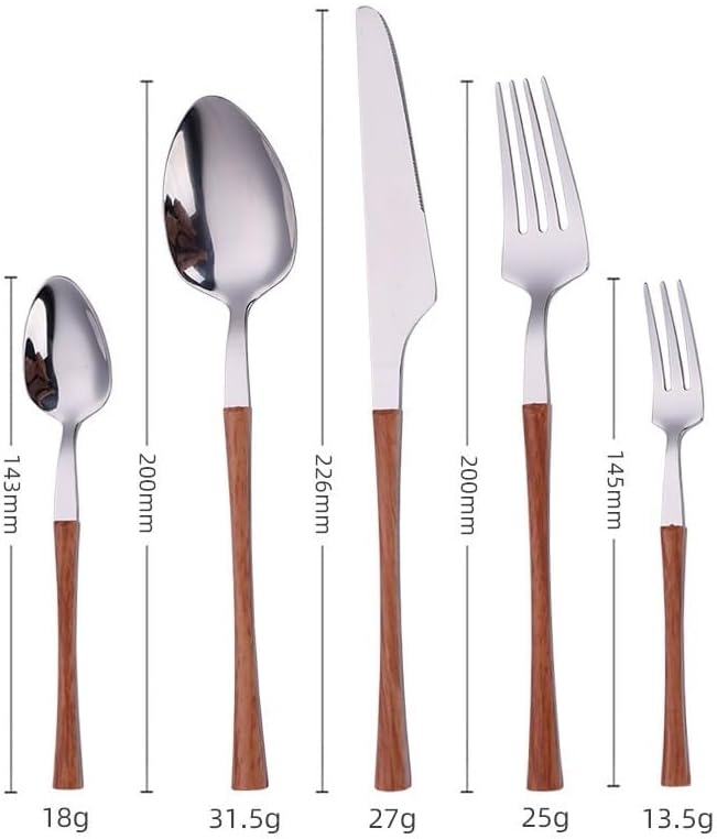 Silverware Flatware Cutlery Set, 5/20/30/40/50/60 Pcs Imitation Wood Grain Clip Handle Steak Knife Dessert Spoon Imitation Wood Handle Stainless Steel Knife Fork Spoon(Gold,50 Pieces for 10)