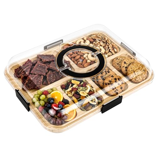 6 Compartments Charcuterie Board with Clear Lid Portable Snackle Box Container with Dustproof Cover Cheese Board Cutting Board & Snack Tray for Kitchen Picnic Party Housewarming Gift (Black)