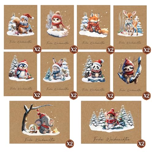 DMHSGIFT Juego de tarjetas de Navidad con sobre, 20 unidades con 10 diseños de animales del bosque, tarjetas plegables A6, tarjetas de felicitación divertidas para la familia, amigos, mejores