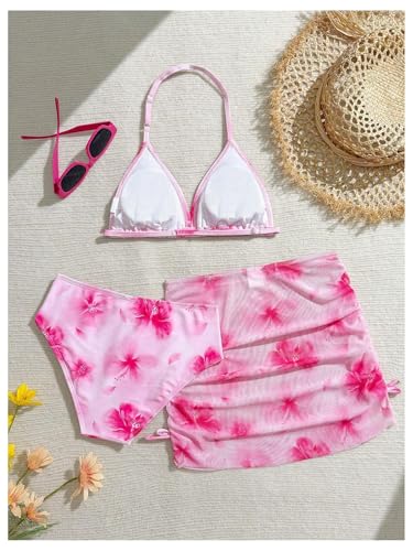 Image of RoseSeek Girl's 3 Piece Cute Bowknot Bathing Suit Halter Triangle High Waisted Swimsuit with Beach Cover Up Skirt
