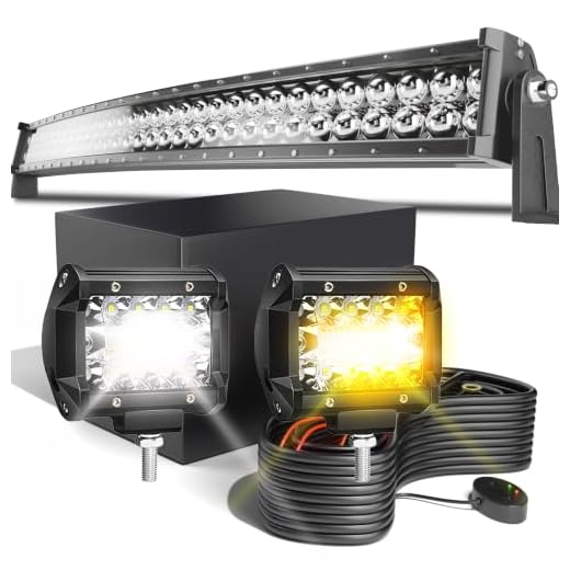 5D Curved 52Inch Led Light Bar+2X 4Inch Amber & White 6 Modes Strobe Flashing Led Cube Pods W/Wiring Kit for UTV ATV 4WD Truck