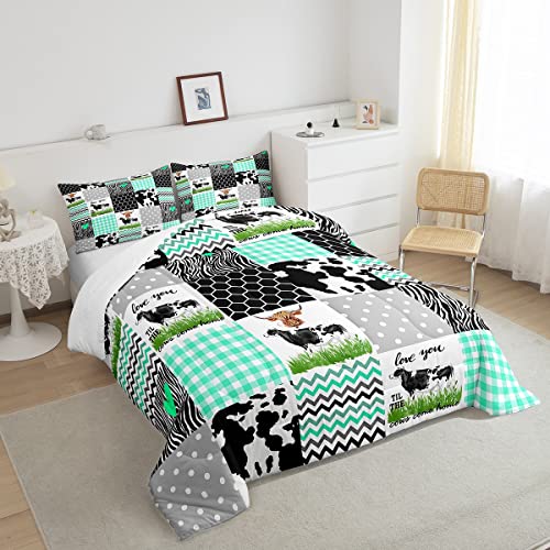 Homewish Cow Print Comforter Set Twin Size Cute Cow Quilt Set Farm Animals Print Bedding Set 2Pcs For Kids Boys Girls Room Decor, Black White Green Plaid Duvet Set With 1 Pillowcase #TOP3