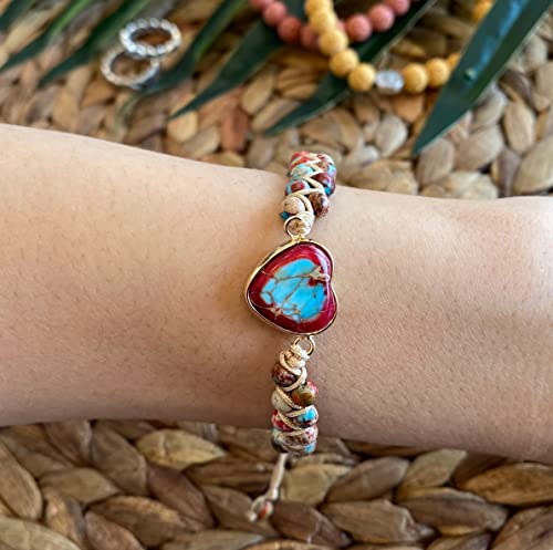 The Mujen Handmade Bracelets| Heart Charm Beads Bracelets | Healing Natural Stone Energy Gemstone Boho Braided Strand (Red Brown Jasper) 10 Inches #TOP2