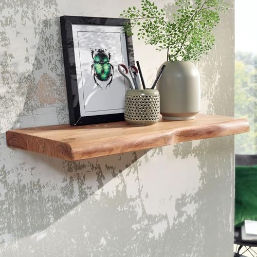 WOHNLING Wandregal 60 cm Akazie Massivholz Baumkante, Schweberegal | Wandboard rustikal im Landhausstil, Hängeregal für Bücher und Deko, handgefertigt, jedes Regal ein Unikat