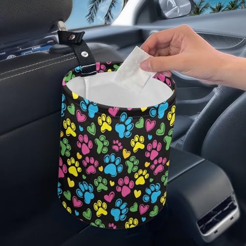 Image of Colorful Dog Paw Car Garbage Can Mini Car Trash Bin Hanging Headrest with Adjustable Buttons Multipurpose Cars Organizer