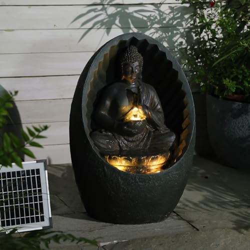 Solar Buddha Springbrunnen mit LED-Lotus-Funktion für Zen-Meditation – Innen- und Außendekoration (Wohnbereich，Büro，Garten, Terrasse, Wohnzimmer)...