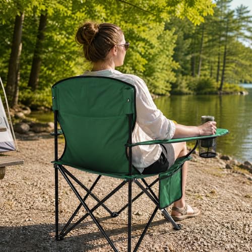 Image of Camping Chairs for Adults, 2 Pack Heavy Duty Folding Chair with 4-Can Cooler Bag, Portable Outdoor Chair with Cup Holder, Collapsible for Tailgating, Beach, Fishing, Green