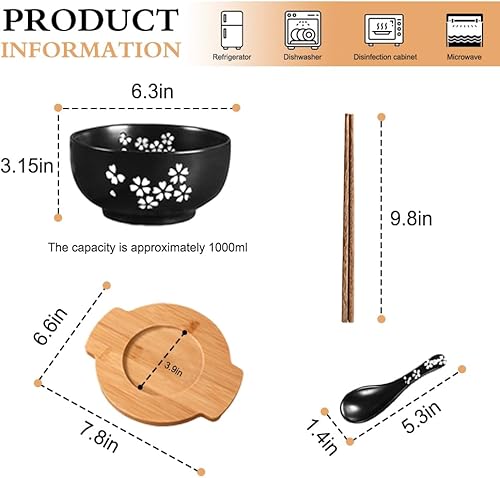 Miniatura 2 de Tazón de cerámica para ramen Sakura (33.8 fl oz) con tapa, cuchara, palillos, bandeja de bambú, estilo tradicional japonés, color negro