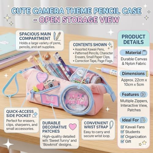 Image of Kawaii Pink Pencil Pouch with Transparent Round Window & Mini Doll Pocket - Large Capacity Zipper Pen Case, Cute Pastel Stationery Organizer for Girls, School & College