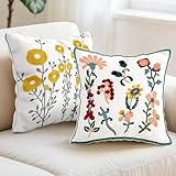 18x18'' Linen Embroidery Cushion Covers,Spring Floral Decorative Towel Stitch Pillow Cases, Cotton Cushion Case for Bohemian Sofa Bed Office Car Decor,Washable Envelope Closure Set of 2,Ideal Gift