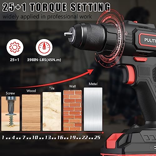 Image of PULITUO Cordless Drill Set, 20V /2.0Ah Electric Power Drill, Torque 45N.m, 25+1 Torque Setting,1 /2 inch Keyless Chuck, 2 Variable Speed Setting, with 43 PCS Bits, Storage Bag