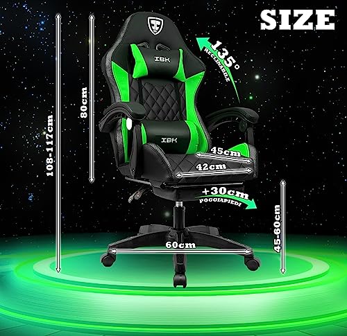 Ibk Sedia Da Gaming Professionale, Similpelle, Massaggiante, Supporto Lombare, Led Rgb, Casse Bluetooth, Regolabile In Altezza, Schienale Reclinabile, Pistone A Gas Classe 3, Ufficio Pc (Verde) - 2