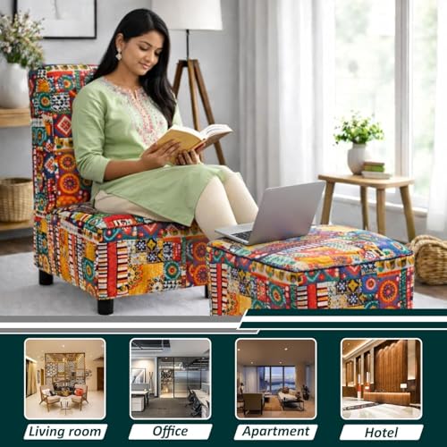 Image of Rosebell 1 Seater Wooden Sofa Set with Ottoman | Multicolor Printed Fabric Sofa | Comfortable Living Room & Office Sofa Set