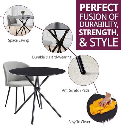 Hallowood Furniture Cullompton Compact Black Dining Table and Chair Set for 4, Round Kitchen Table with Curved-back Light Grey Fabric Seats - Image 2