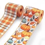 Habbiful 2 Rolls 2.5 Inch x 10 Yards Thanksgiving Fall Wired Ribbon for Craft Wreath Bow Making Pumpkin Autumn Leaves Ribbon Orange Plaid Burlap Ribbon for Wrapping Thanksgiving Party Home Decoration