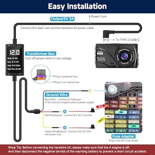 Image of Upgraded Dash Cam Hardwire Kit, 11.5ft Acc USB-C Hardwire Kit (12V-24V to 5V) with Voltage Display, Type C 3-Lead Hard Wire Kit W /Low Voltage Protection for Dashcam GPS Radar Detectors