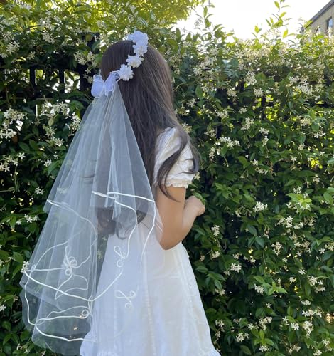 Image of Girls First Communion Holy Veil White Flower Headband Christening Headpiece