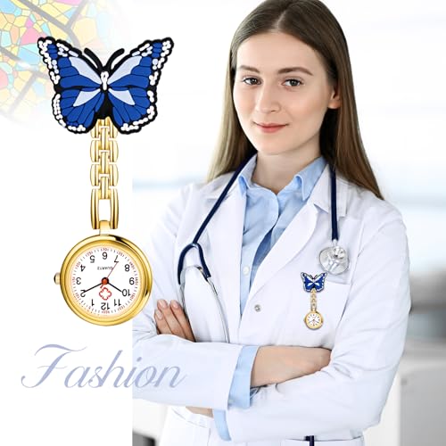 Image of Lancardo Pin On Nurse Watch: Unique Butterfly Pattern Badge Analog Quartz Easy to Read Pocket Watch for Women Men Doctor Hospital