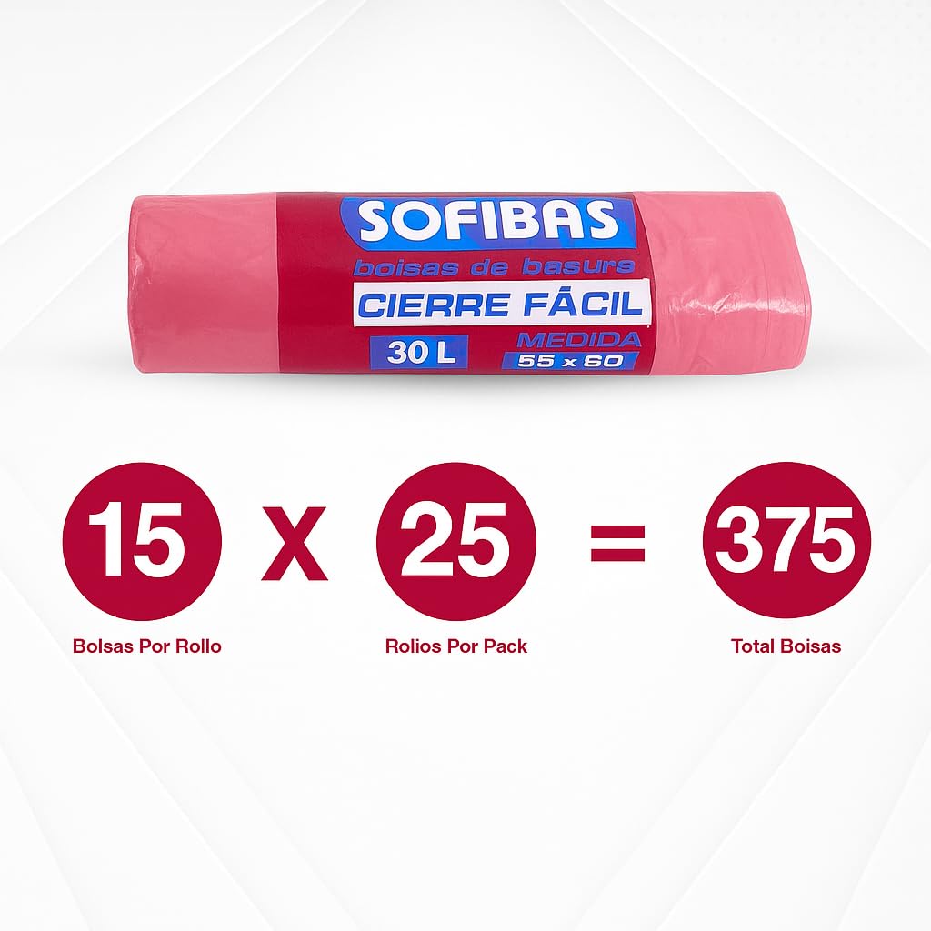 25 Rollos de Bolsas de Basura 30L (375 Unidades) con Autocierre | Resistentes, Prácticas e Higiénicas | Ideal para Uso Doméstico | Bolsas de Plástico | Económicas
