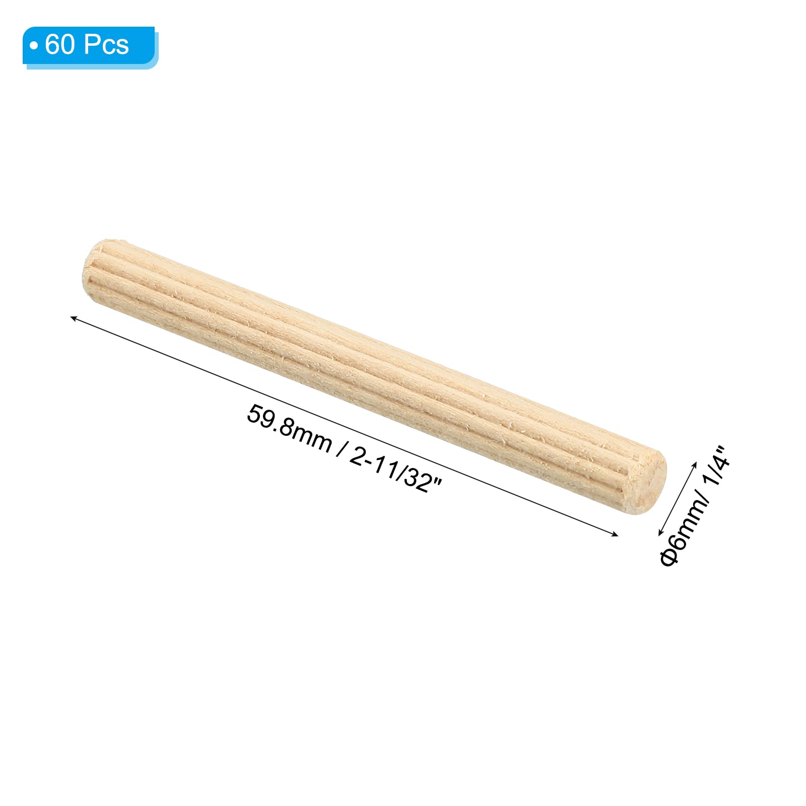 PATIKIL 1/4" x 2-11/32"(6 x 60mm) Wood Dowel Pins, 60 Pack Fluted Wooden Dowel Pin Straight Groove Rods for Furniture Door Art Crafts Projects - Image 2