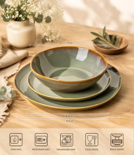 Image of Ceramic Dinnerware Set for 4, 12-Piece Plates and Bowls Set | Handmade Reactive Glaze Dish Set, Scratch Resistant, Oven & Microwave & Dishwasher Safe, Sage Umber