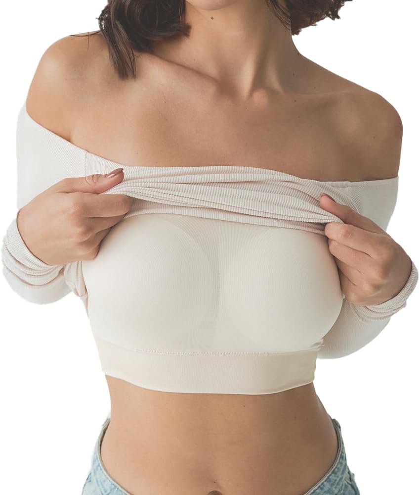 Klassy Network Off The Shoulder Brami - Long-Sleeve Top with Built-in Support and Ribbed Stretchy Fabric for Women - Image 2