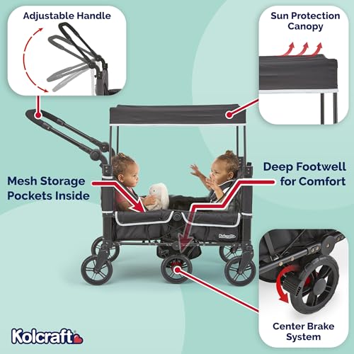 Image of Kolcraft Cloud 360 Lightweight Double Baby Stroller Wagon for Two Kids Toddlers, Ultra Maneuverable Collapsible Cart with Deep Footwell, Storage Pockets Adjustable Handle Easy in and Out