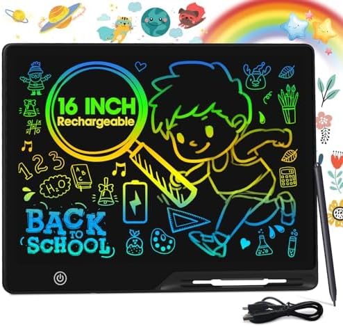 POPERFUN 16 Inch LCD Writing Tablet for Kids, Rechargeable Erasable Doodle Board Colorful Toddler Drawing Pad, Preschool Learning Toys Christmas Birthday Gift 3 4 5 6 7 Year Old Girls (Black)