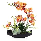 YOBANSA Real Touch Silk Orchid Artificial Flowers with Flower Pots, Artificial Phalaenopsis Fake Orchid Flowers Arrangements for Home Decoration (Orange +Black vase)