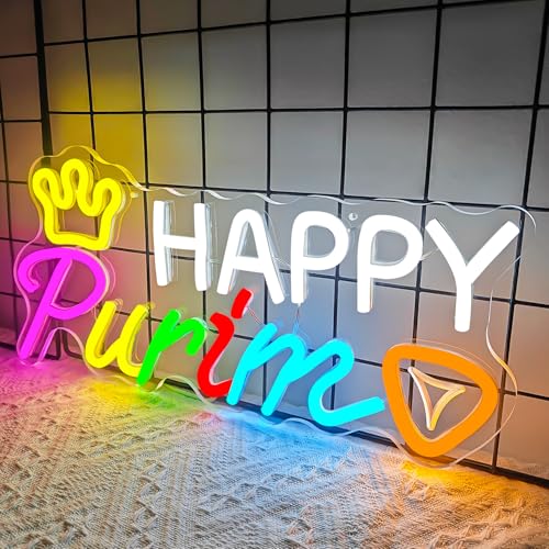 Image of Happy Purim Neon Sign Purim Neon Signs for Wall Decor Dimmable Purim Decorations Led Sign Jewish Carnival Party Hanging Neon Lights for Kids